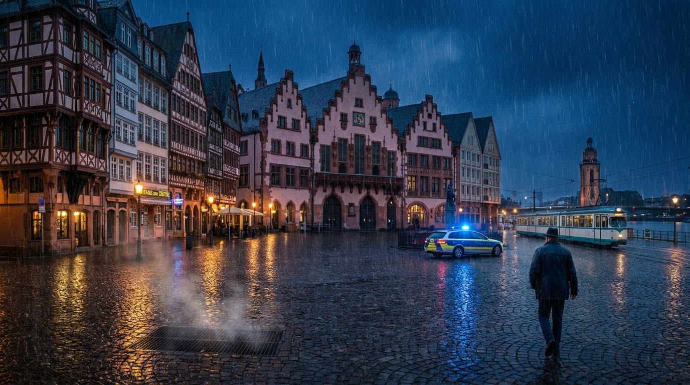 Key art of the Römerberg at night in the rain, with a tram passing and a police car turning the corner