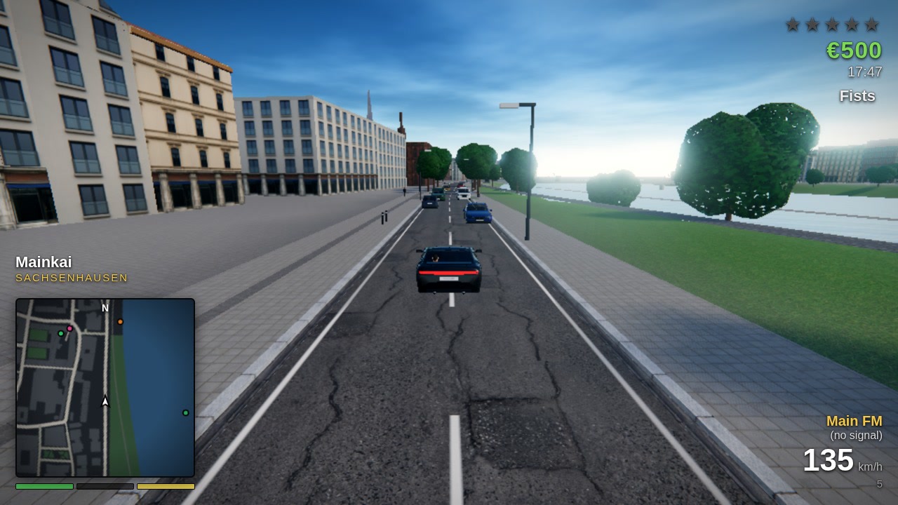 Chase-camera view of a car driving along the river with the speedometer and minimap on screen