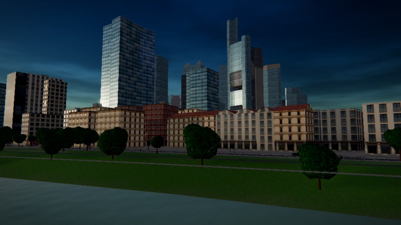 The Frankfurt skyline seen from the Sachsenhausen bank of the Main at dusk, with the towers lit